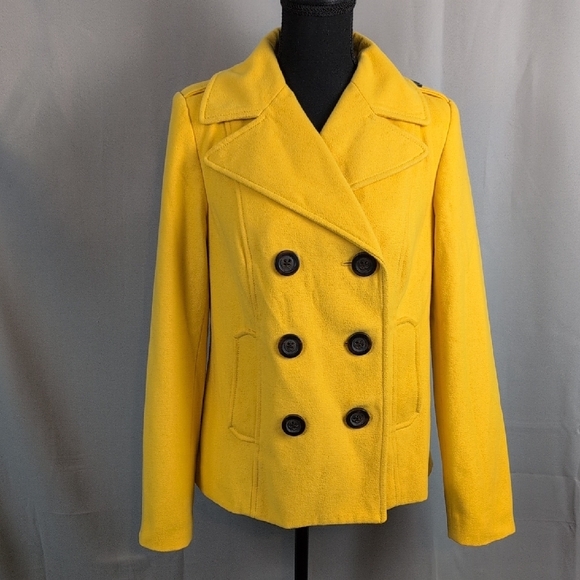 Old Navy Mustard Yellow Women's Pea Coat Wool Medium Double Breasted - Picture 2 of 8